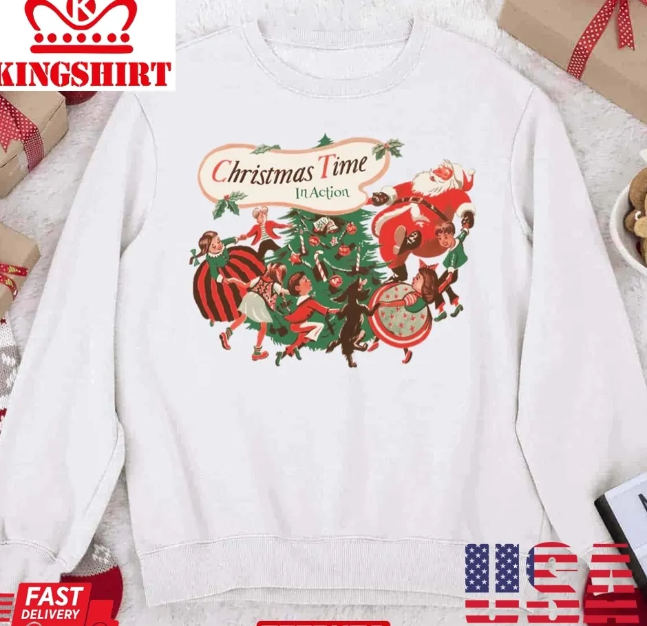 Christmas Time In Action With Dancing Santa Claus Unisex Sweatshirt Size up S to 4XL