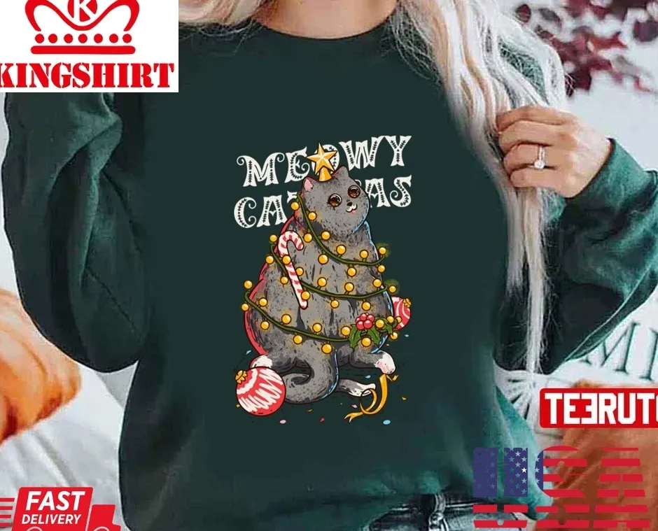 Christmas Tree Holiday S Funny Chonky Blue British Shorthair Cat Dressed As A Chritmas Unisex Sweatshirt Size up S to 4XL