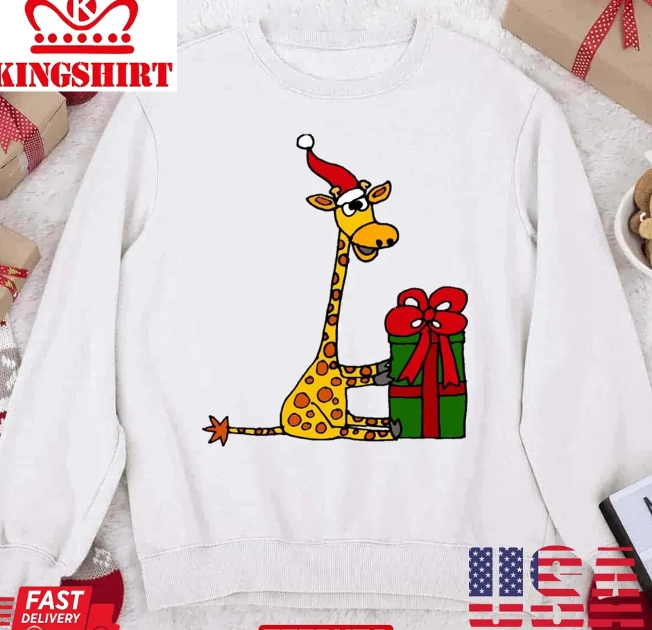 Cool Funny Giraffe Opening Christmas Package Unisex Sweatshirt Unisex Tshirt