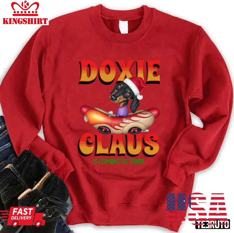 Awesome Cute Doxie Dog In Car On Claus Dachshund Is Coming To Town Unisex Sweatshirt Size up S to 4XL