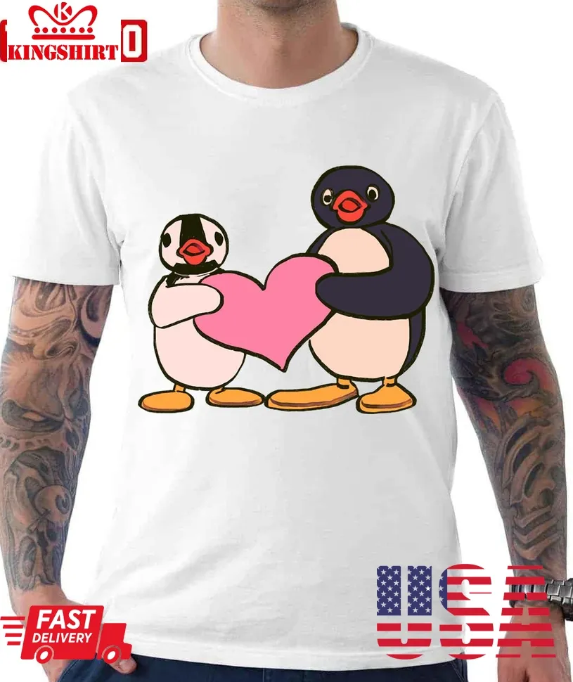 Best Cute Pingu And Pinga Penguin Holding Heart Unisex T Shirt TShirt