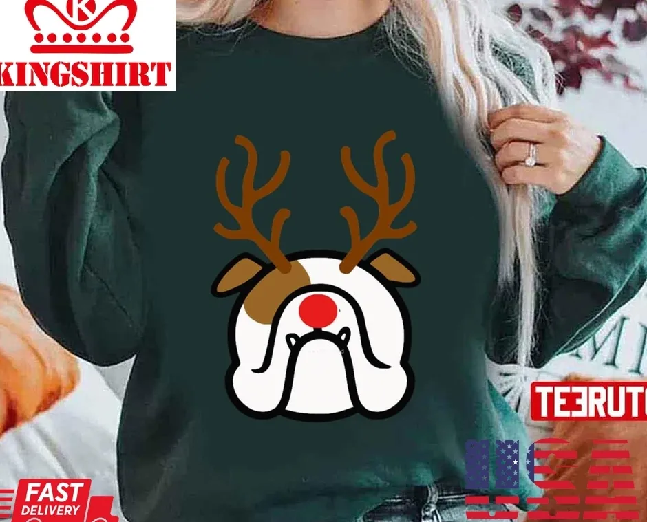 English Bulldog Holiday Dog With Reindeer Antlers Unisex Sweatshirt TShirt