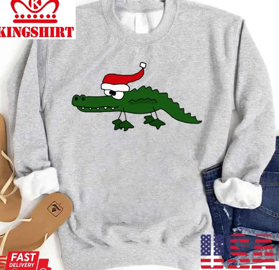 Funky Cool Green Alligator With Santa Hat Christmas Art Unisex Sweatshirt Plus Size