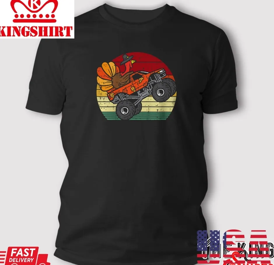 Vintage Kids Monster Truck Turkey Sunset Retro Thanksgiving Boys Kids T Shirt Size up S to 4XL
