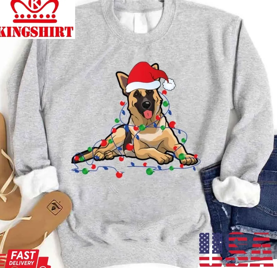 Awesome Lights German Shepherd Dog With Santa Christmas Unisex Sweatshirt Size up S to 4XL