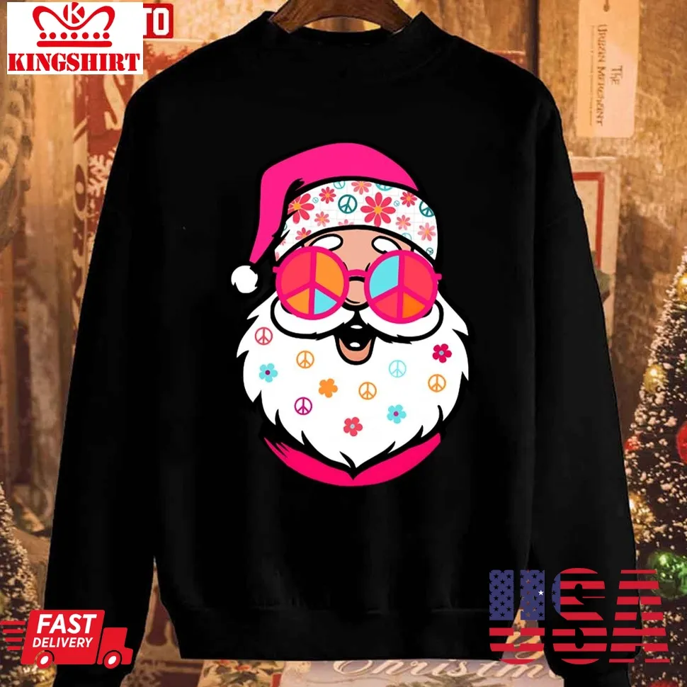 Hippie Santa Cute Christmas Retro Groovy Santa Pink Santa Unisex Sweatshirt TShirt