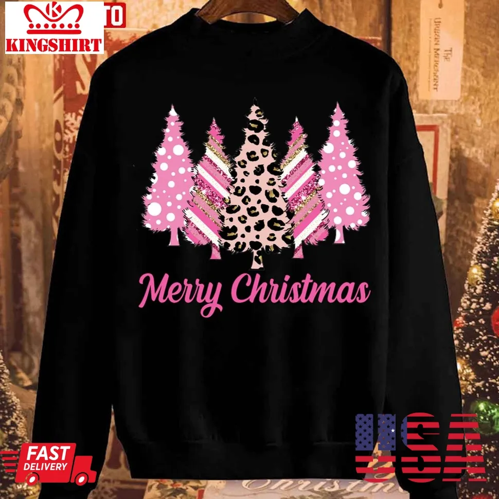 Leopard Print Christmas Merry Christmas Pink Christmas Trees Unisex Sweatshirt Size up S to 4XL