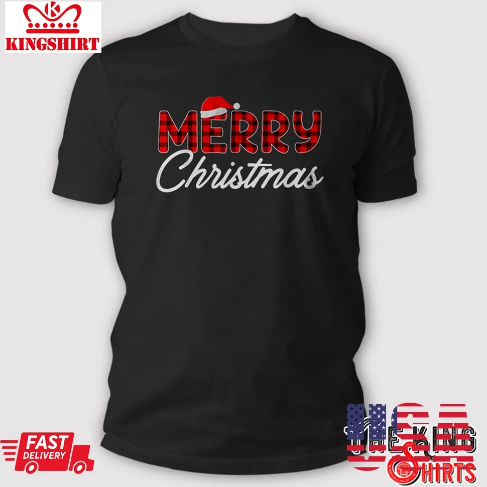 Merry Christmas Buffalo Plaid Red Santa Hat Xmas Pajamas T Shirt Size up S to 4XL