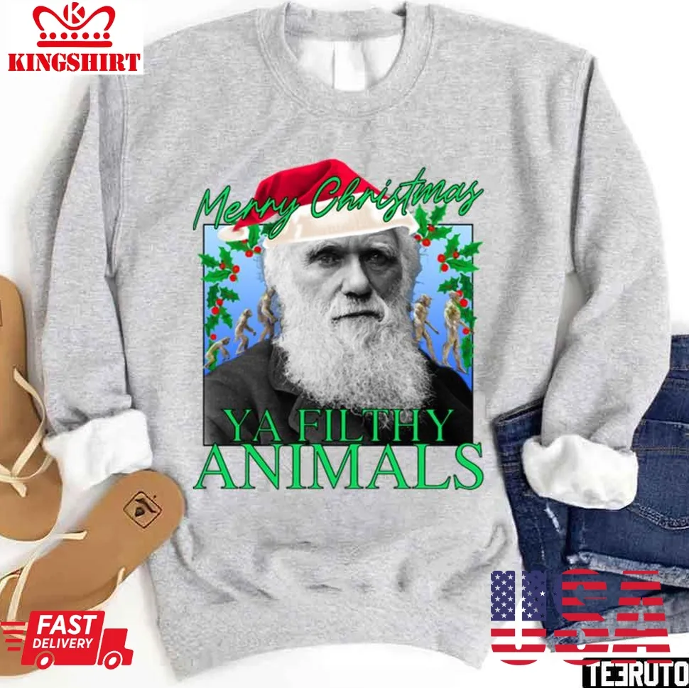 Merry Christmas Ya Filthy Animals Charles Darwin Santa Unisex Sweatshirt Size up S to 4XL