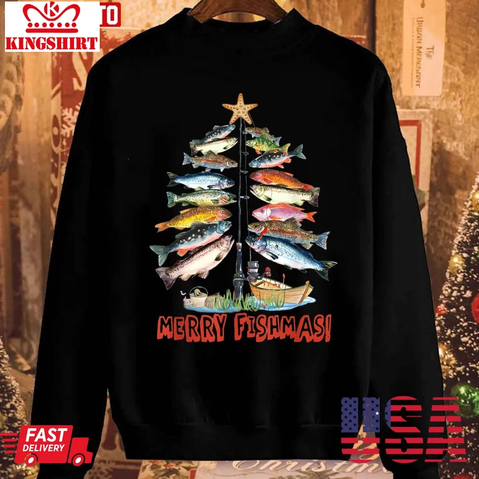 Merry Fishmas Christmas Tree Fish Funny Fishing Unisex Sweatshirt Size up S to 4XL