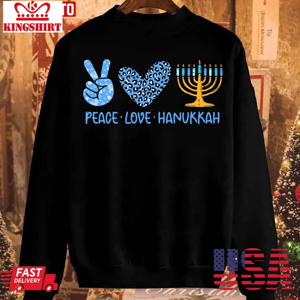 Peace Love Hanukkah Leopard Hanukkah Menorah Jewish Unisex Sweatshirt Plus Size