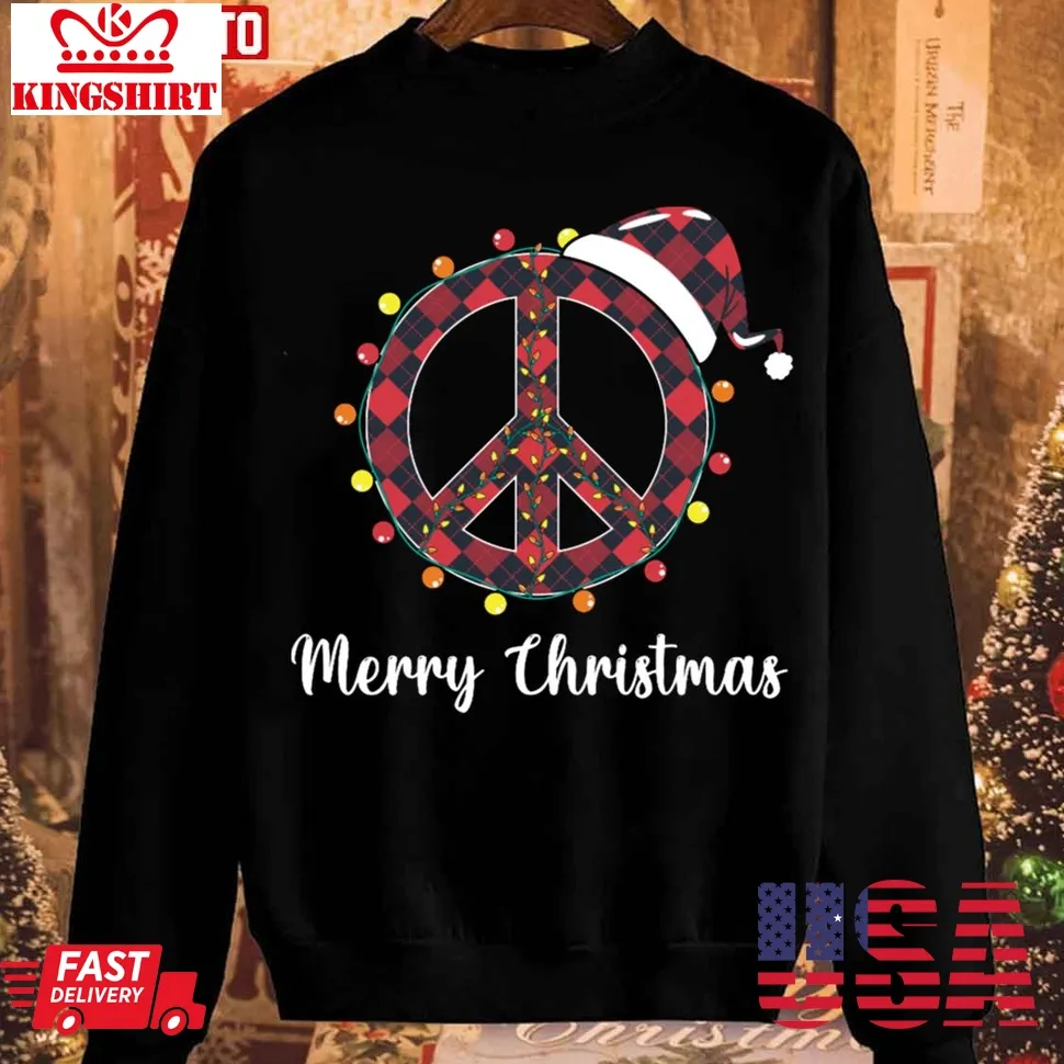 Peace Sign Santa Hat Christmas Lights Hippie Unisex Sweatshirt Plus Size