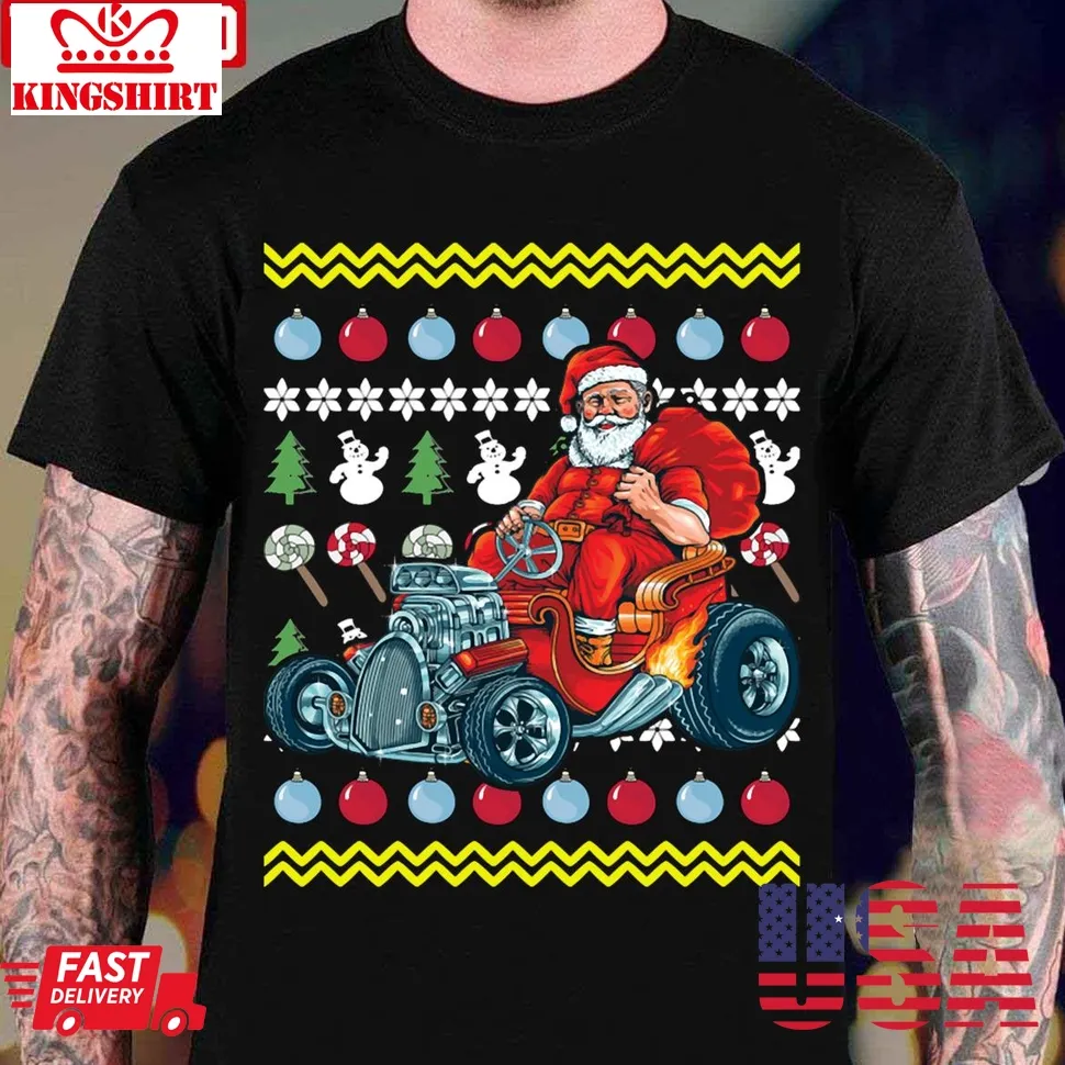 Santa Hotrod Christmas Vintage Car Unisex T Shirt Plus Size