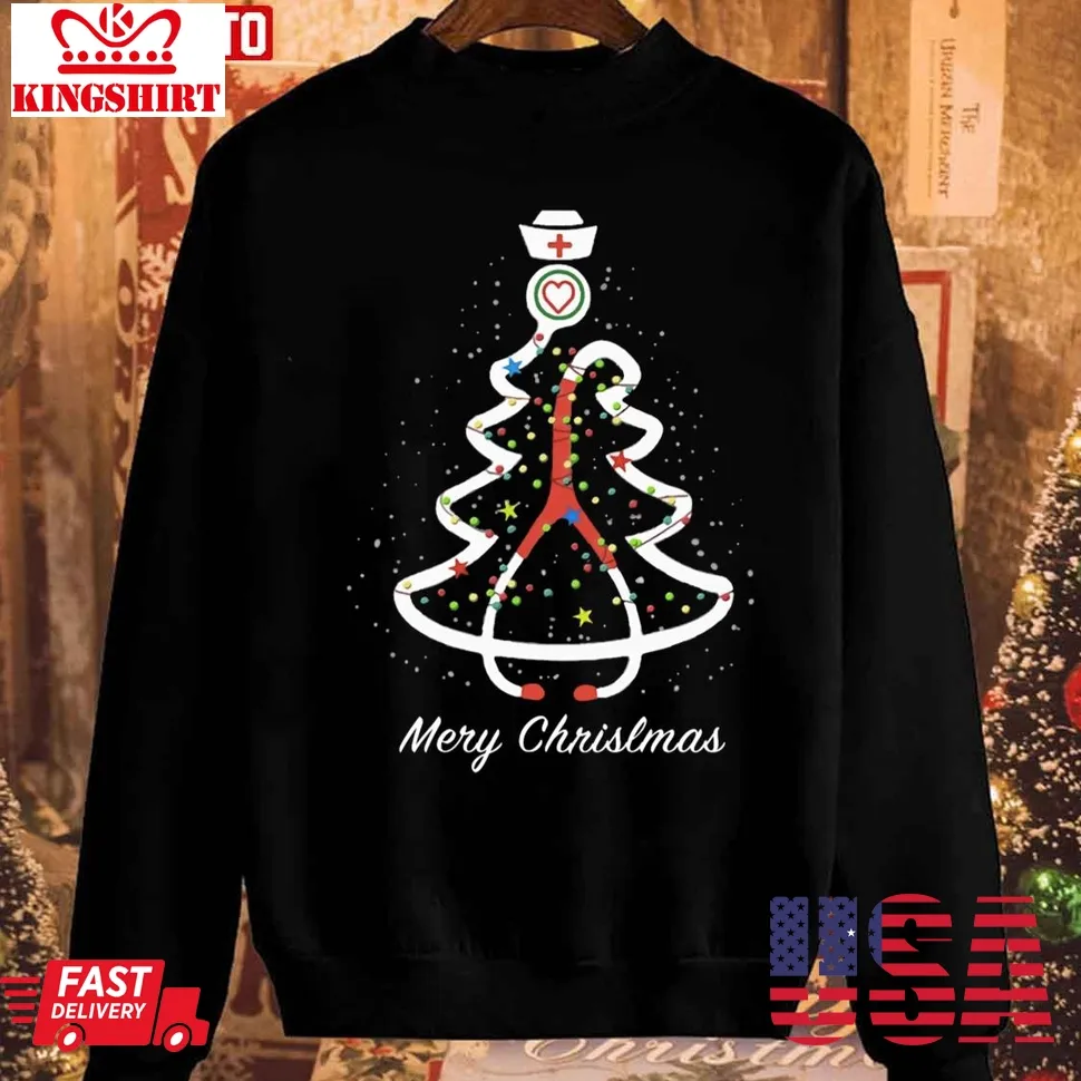 Stethoscope Pine Noel Nurse Vintage Merry Christmas Sweatshirt Unisex Tshirt