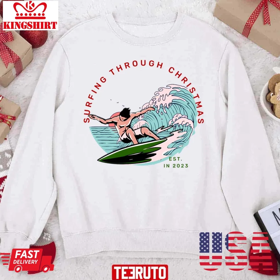 Surfing Through Christmas Wave Unisex Sweatshirt Size up S to 4XL