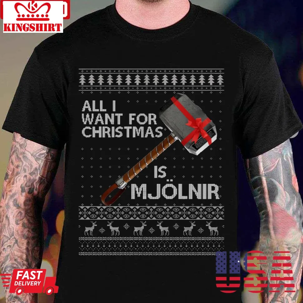 Thor All I Want For Christmas Is Mjolnir Hammer Knit Unisex T Shirt Size up S to 4XL