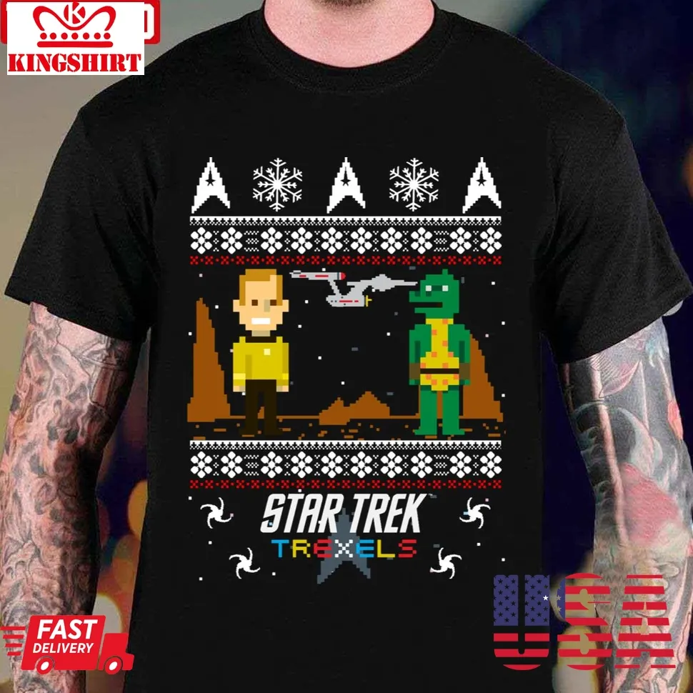 Trexels Pixelated Captain Kirk Christmas Star Trek Unisex T Shirt Plus Size
