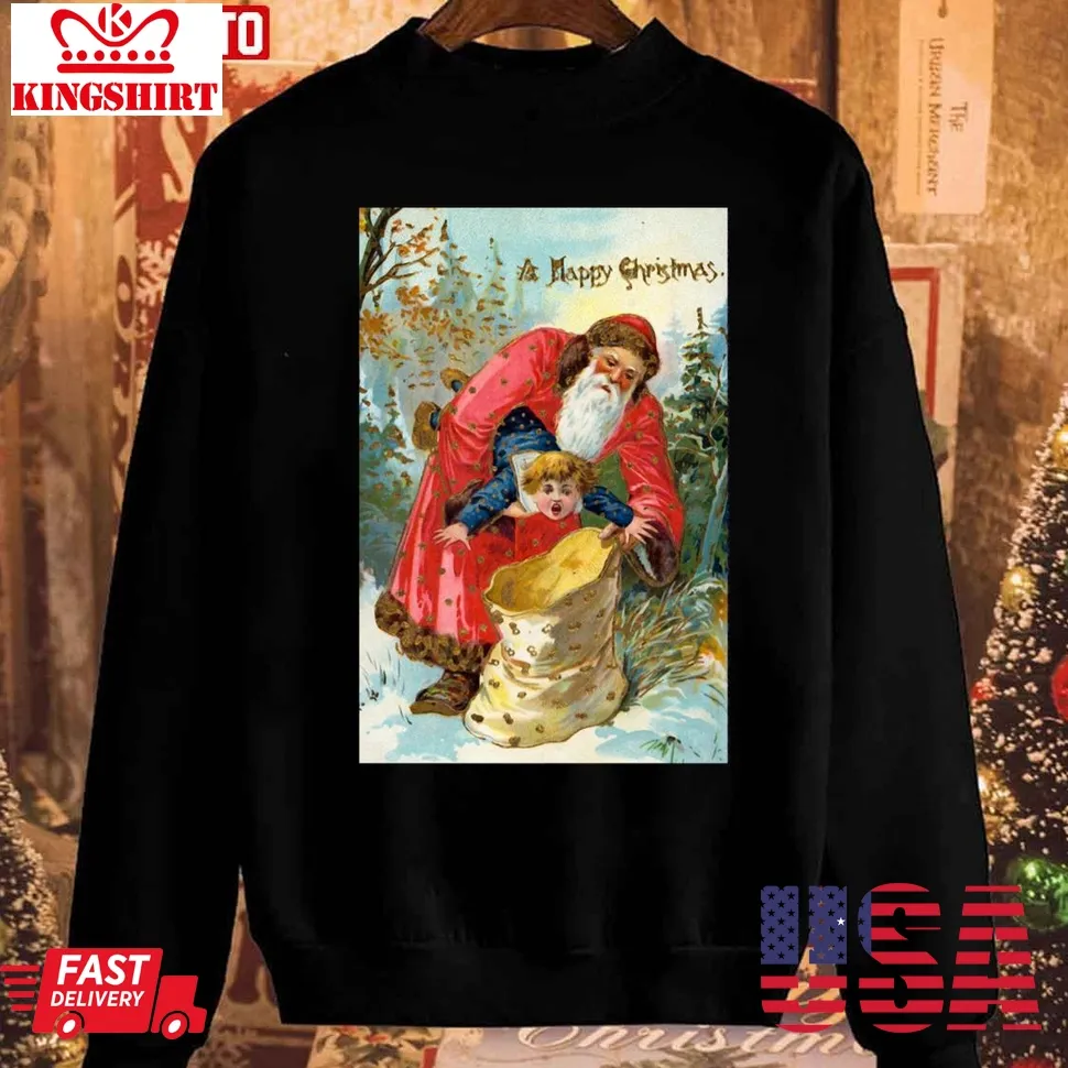 Victorian Santa Stuffing Child Into Sack Christmas Greeting Unisex Sweatshirt Plus Size