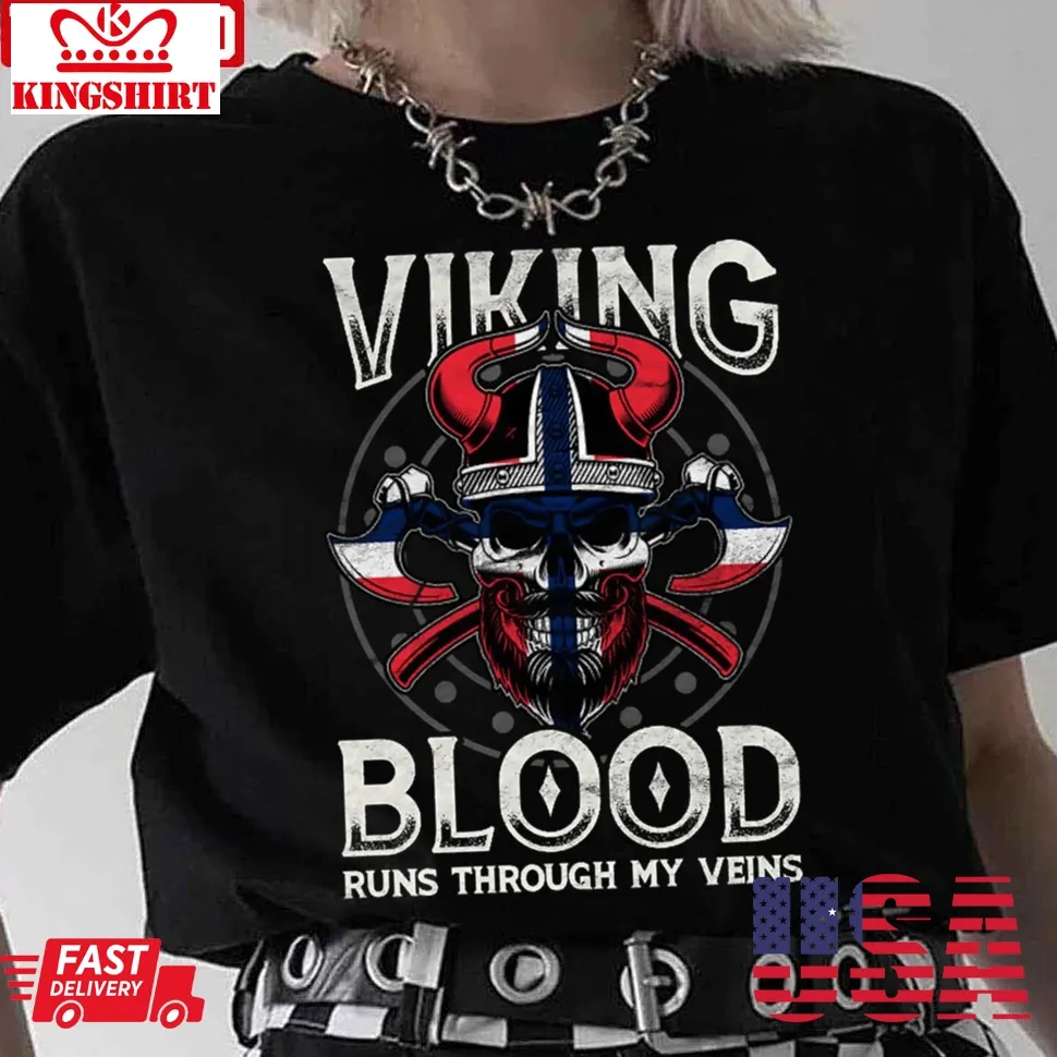 Viking Blood Norwegen Flag Skull Norwegian Unisex T Shirt Size up S to 4XL