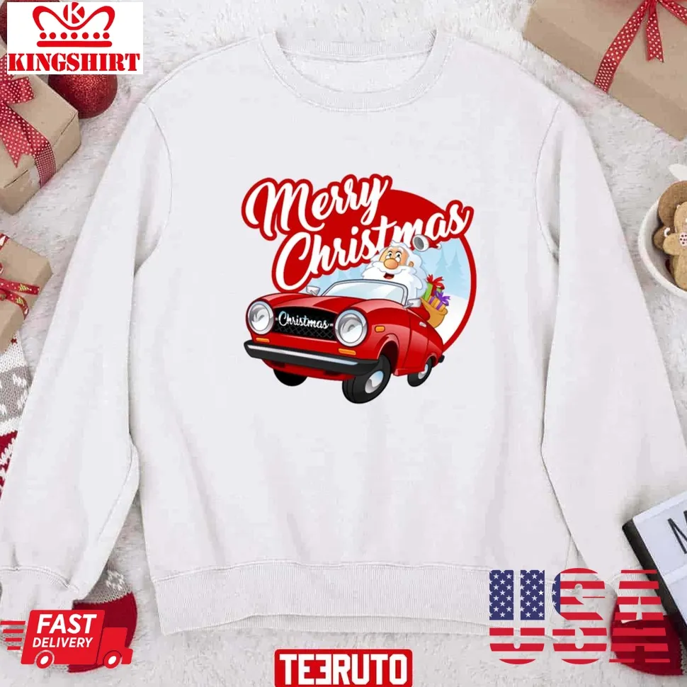 Vintage Merry Christmas Santa In A Red Car Sweatshirt Size up S to 4XL