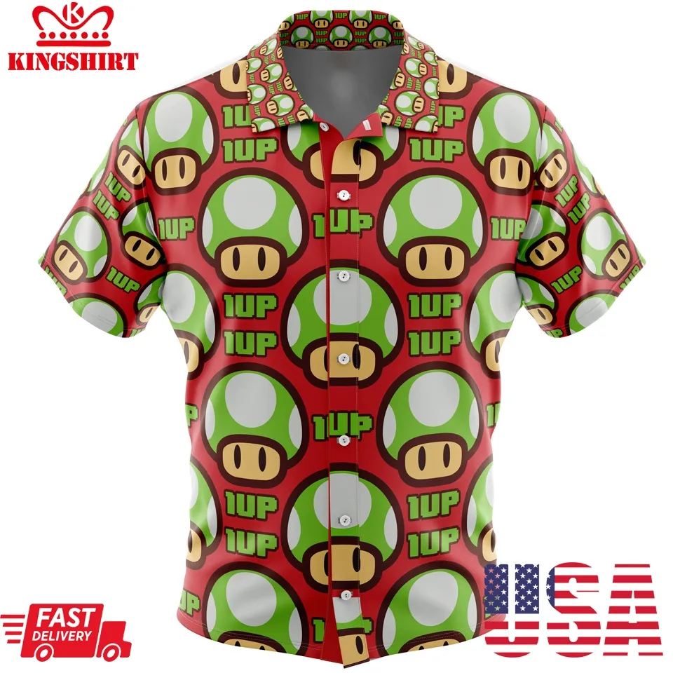 1Up Mushroom Super Mario Button Up Hawaiian Shirt Size up S to 4XL