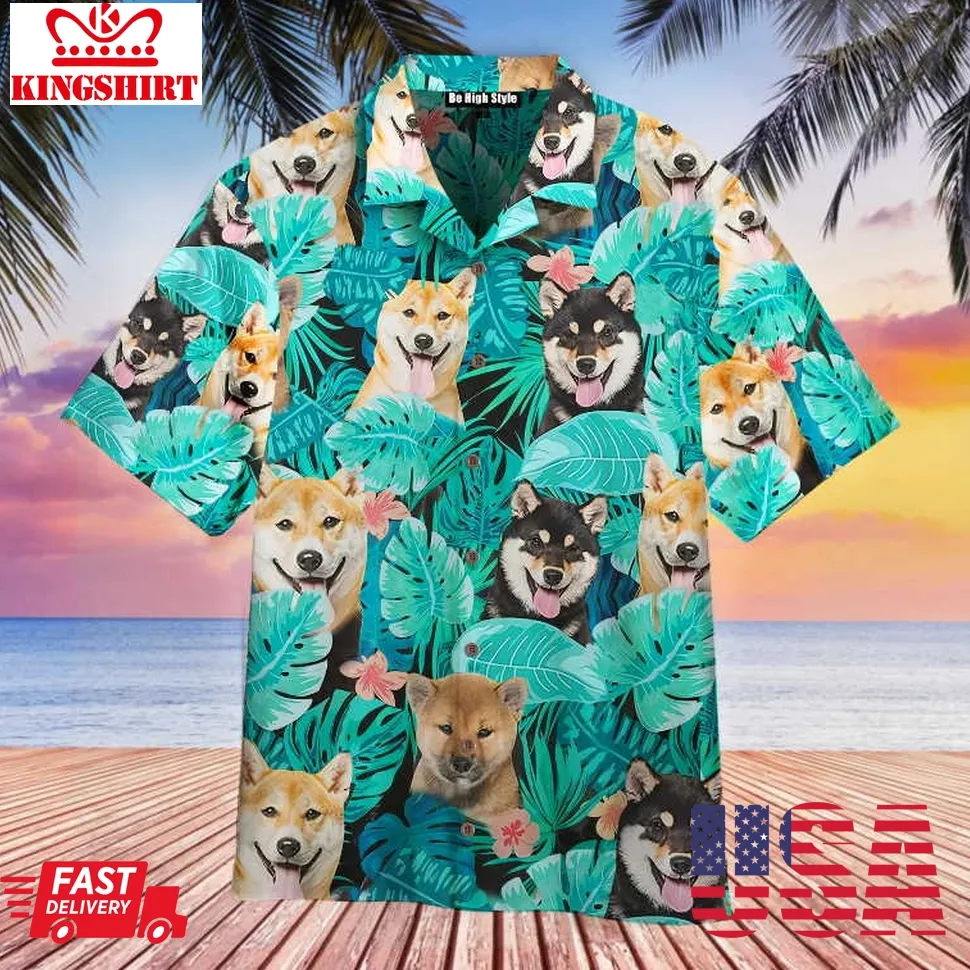 3D Tropical Shiba Inu Dog Hawaiian Shirt Plus Size
