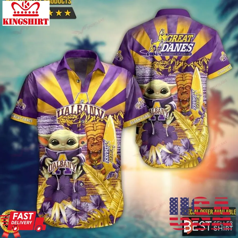 Albany Great Danes Ncaa Baby Yoda Hawaiian Shirt Outfit Men Youth Gifts For Dad Size up S to 5XL