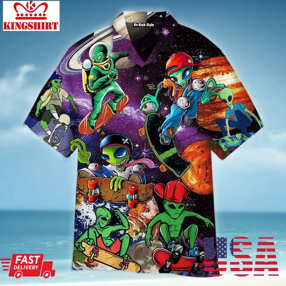 Alien With Skate In The Universe Hawaiian Shirt Size up S to 5XL