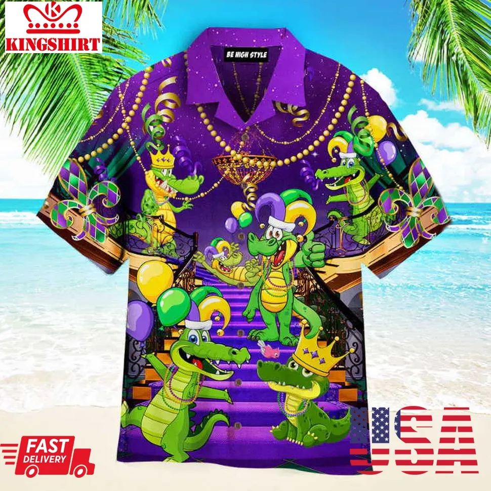 Alligators Funny Mardi Gras Aloha Hawaiian Shirt Size up S to 5XL