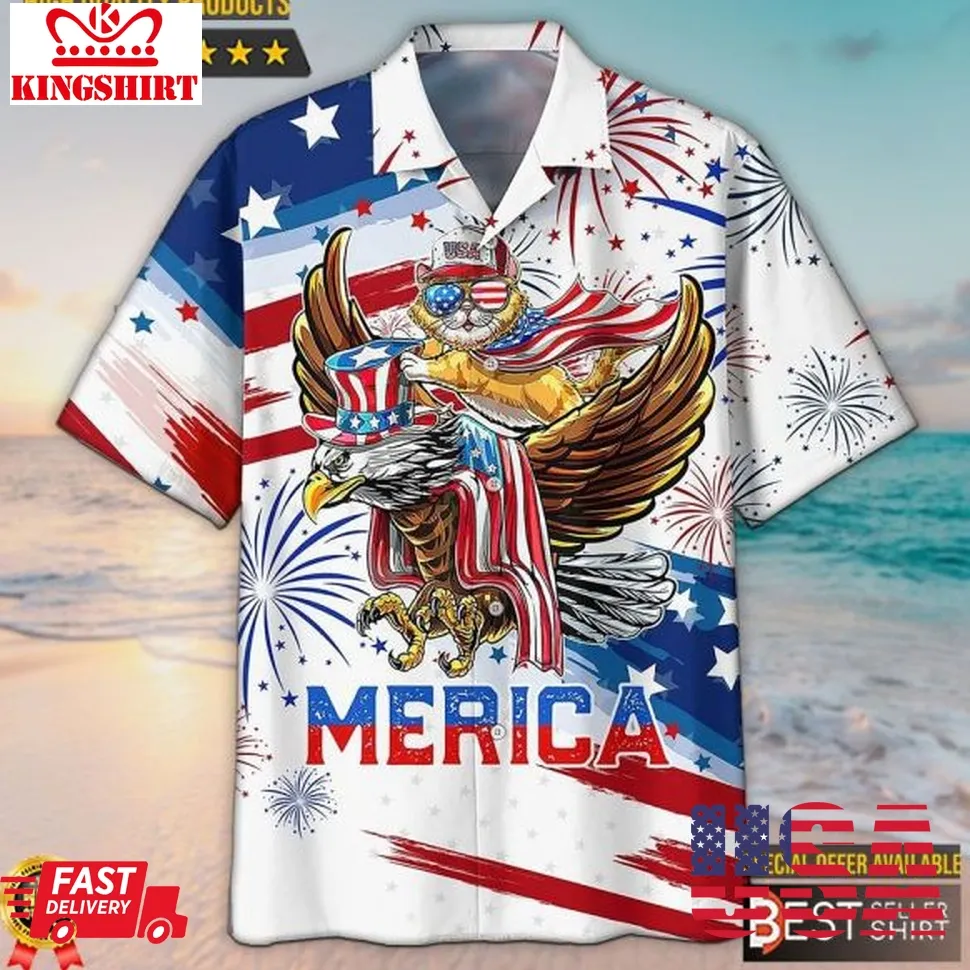 America Eagle And Cats Independence Day Hawaiian Shirt 4Th Of July Shirts Size up S to 5XL