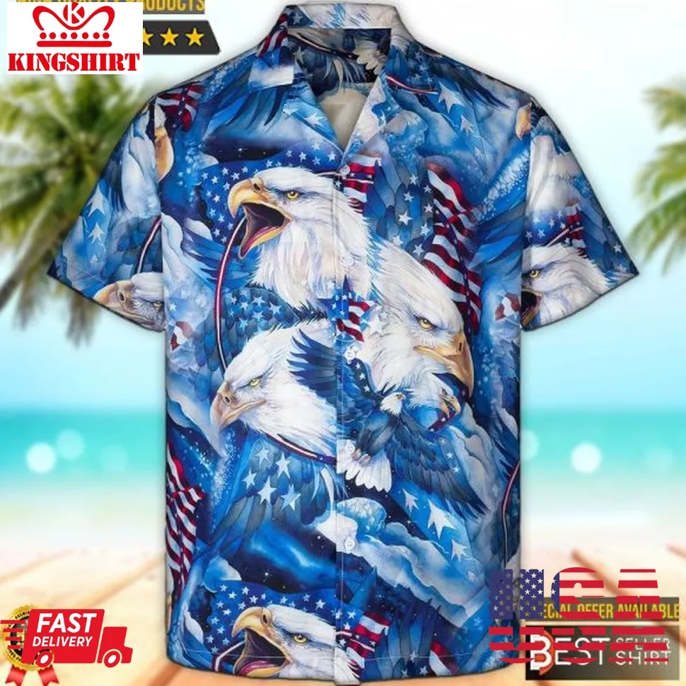 American Flag Eagle Blue Hawaiian Shirt For Men 4Th Of July Shirts Unisex