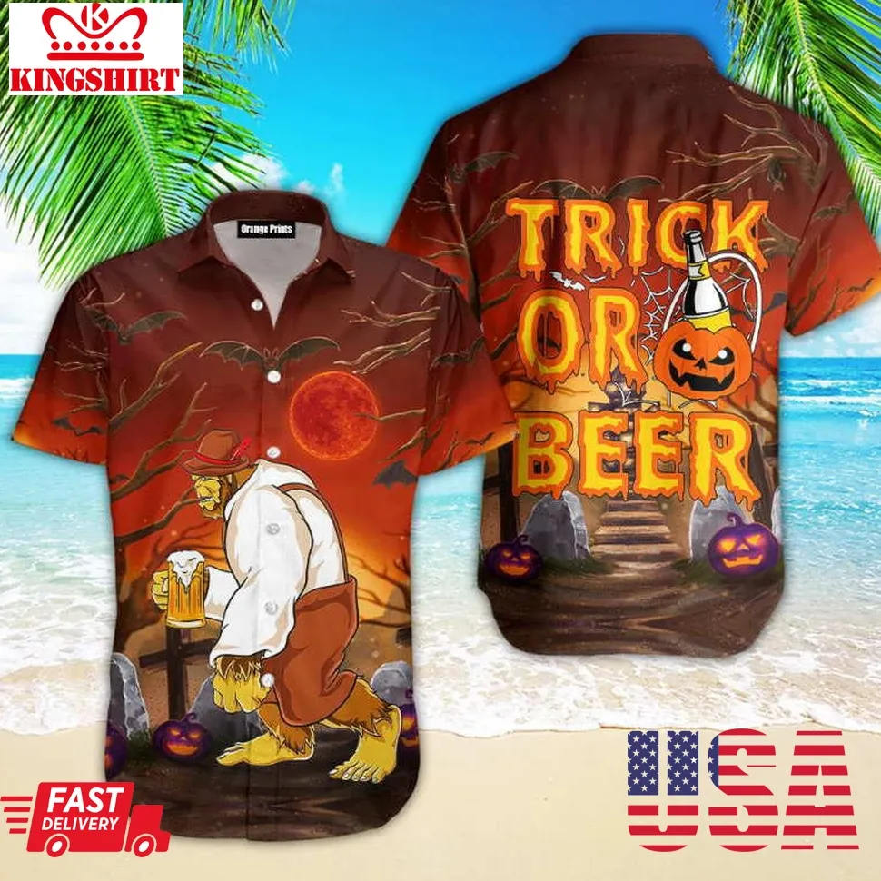 Bigfoot Trick Or Beer Halloween Hawaiian Shirt Size up S to 5XL