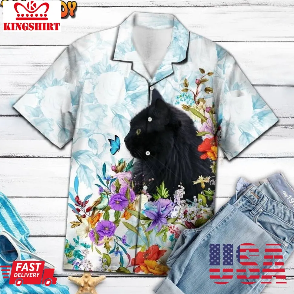 Black Cat Floral Multicolor Nice Hawaiian Shirt Size up S to 5XL