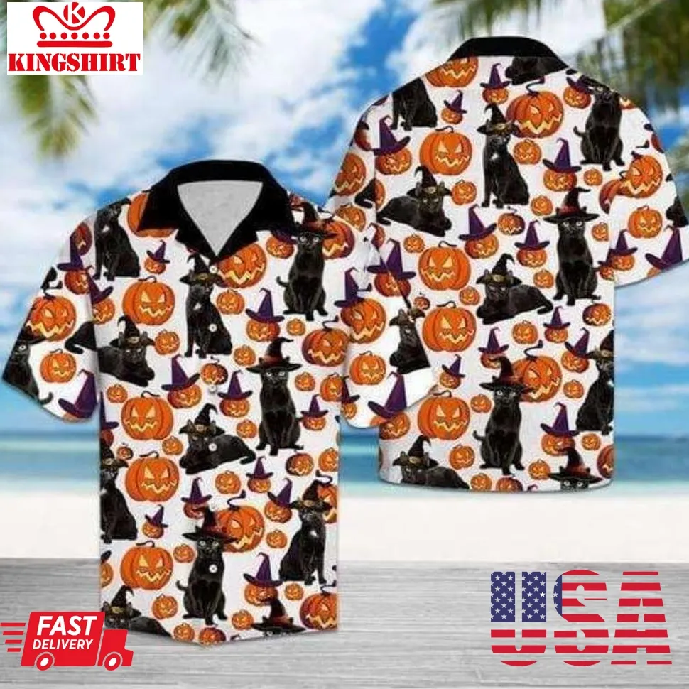 Black Cat Halloween Pattern Hawaiian Shirt Size up S to 5XL