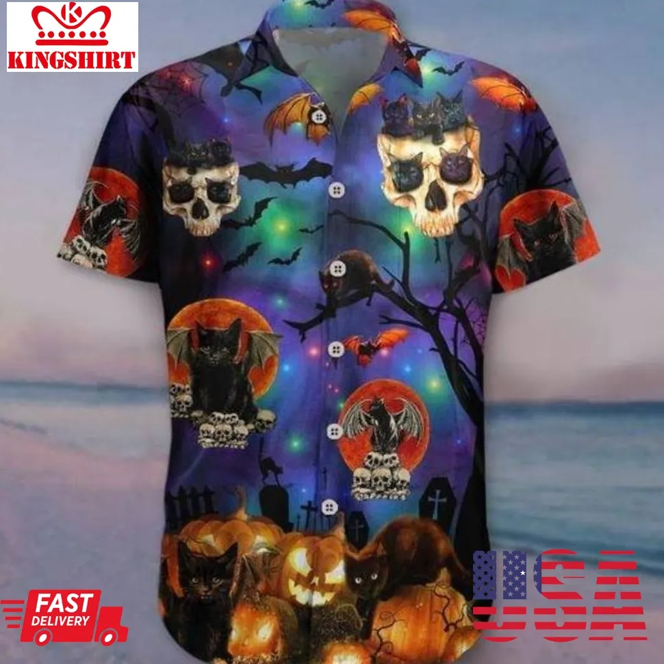 Black Cat Skull Halloween Hawaiian Shirt Unisex