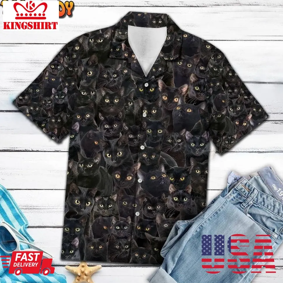 Black Cat Youth Hawaiian Shirt Size up S to 5XL