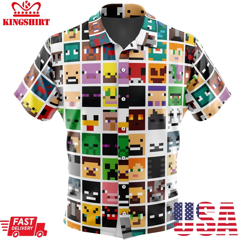 Block Faces Minecraft Button Up Hawaiian Shirt Size up S to 5XL