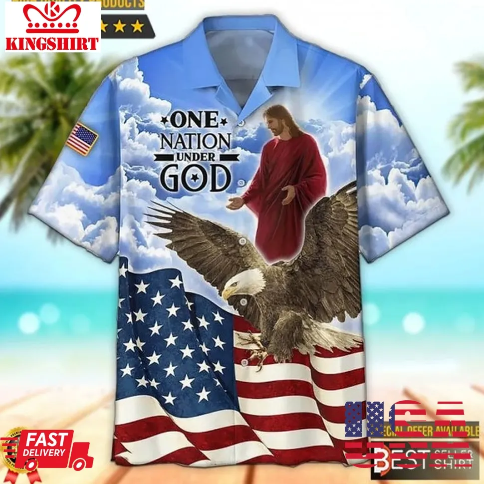 Blue Printed One Nation Under God Jesus Hawaiian Shirt For Men 4Th Of July Shirts Size up S to 5XL