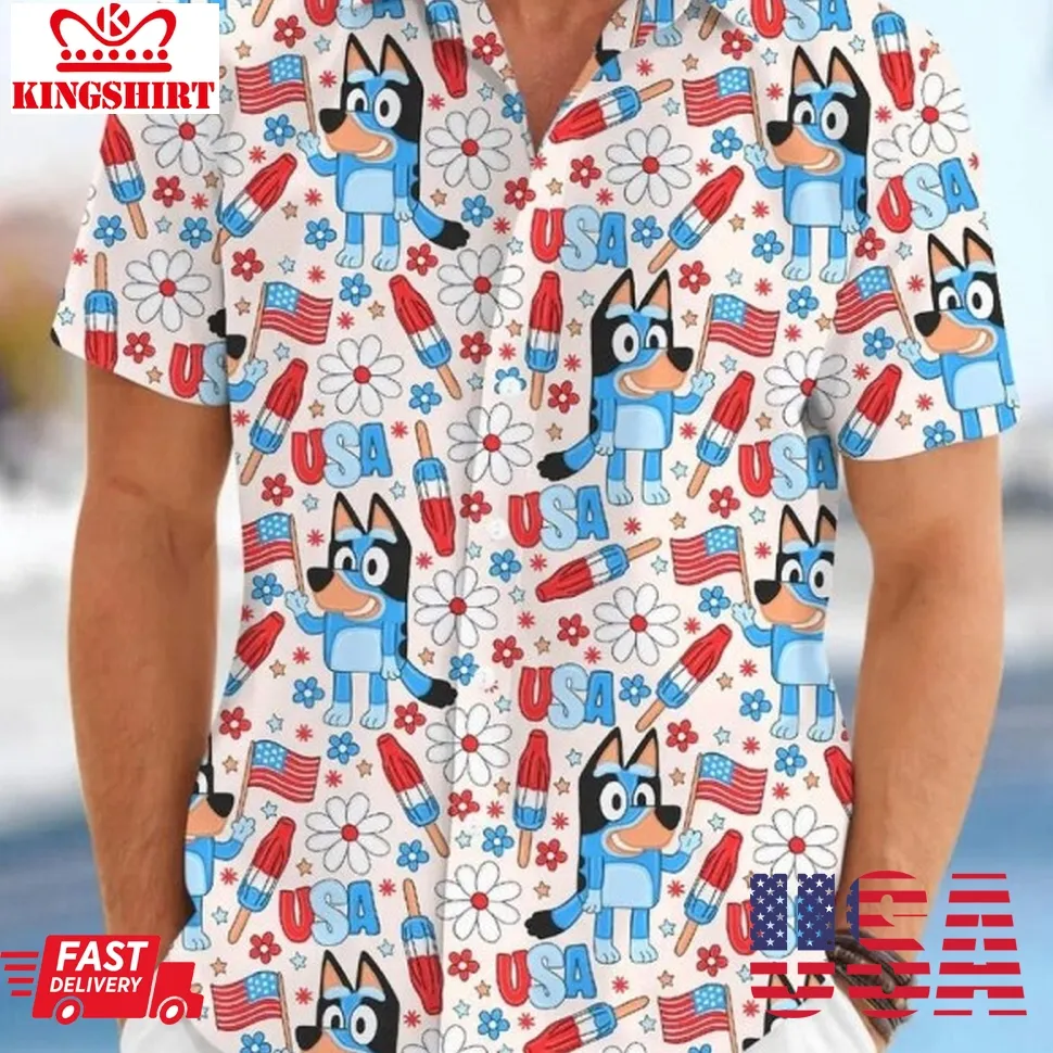 Bluey 4Th Of July Shirt Floral Bluey Independence Day Hawaiian Shirt Men Youth Unisex
