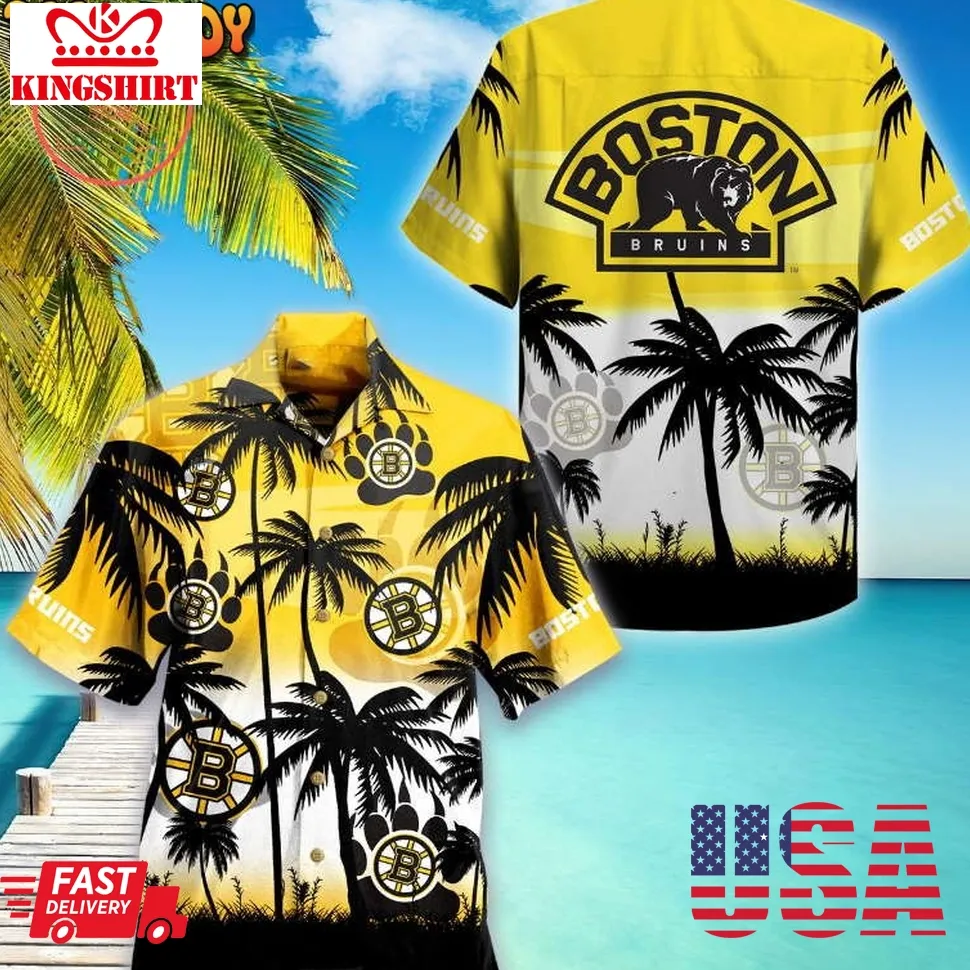 Boston Bruins Nhl Palm Hawaiian Shirt Size up S to 5XL