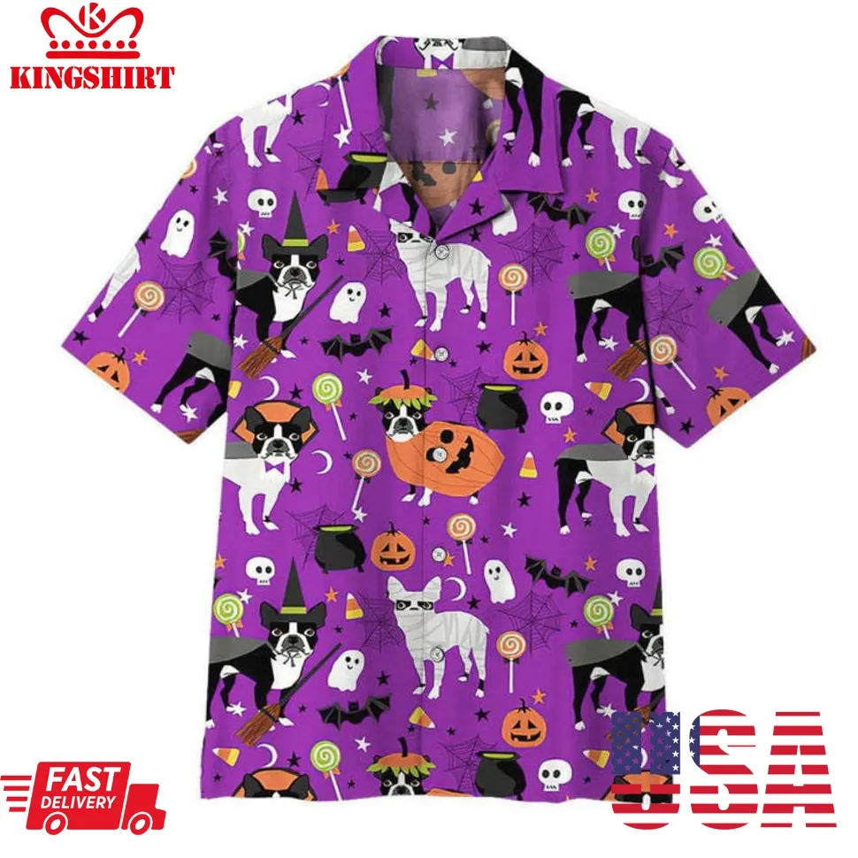 Boston Terrier Halloween Hawaiian Shirt Size up S to 5XL