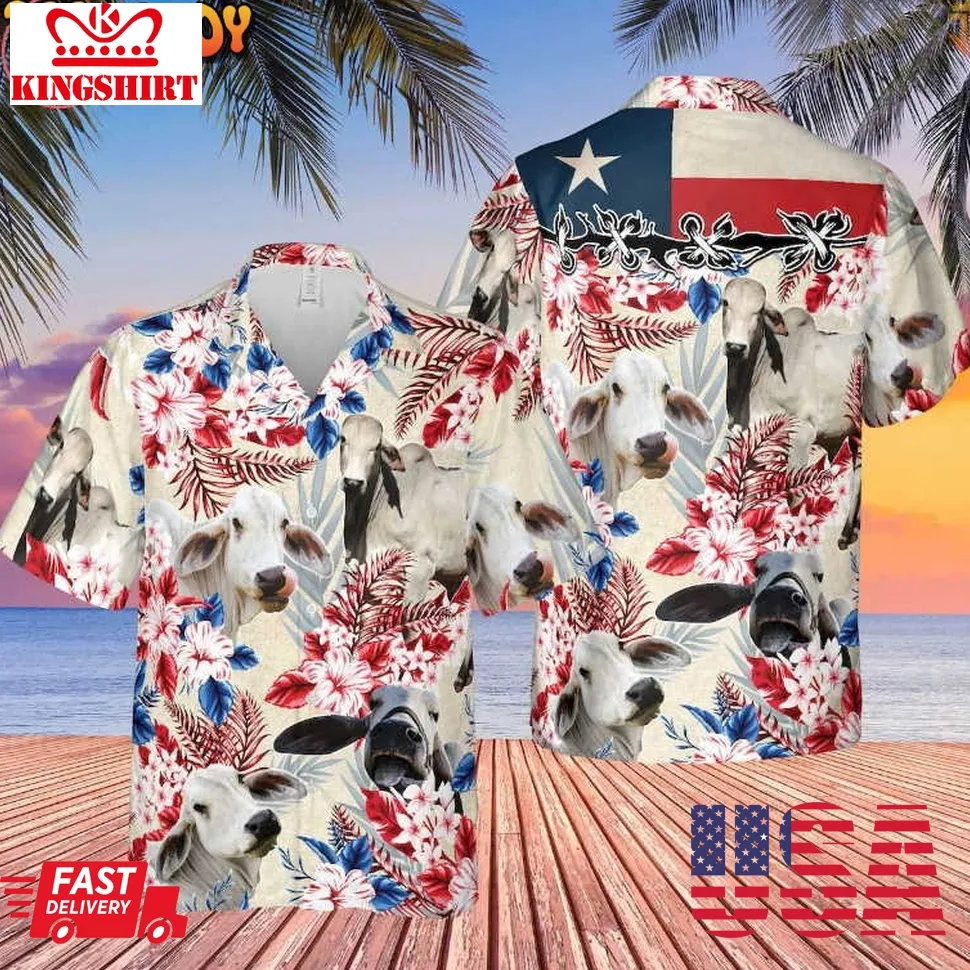 Brahman Cattle Texas Flag Hawaiian Shirt Plus Size