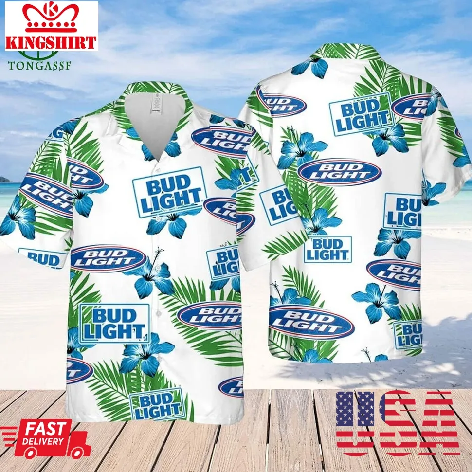 Bud Light Beer Hawaiian Shirt Hibiscus Flower Pattern Gift For Beach Lovers Size up S to 5XL