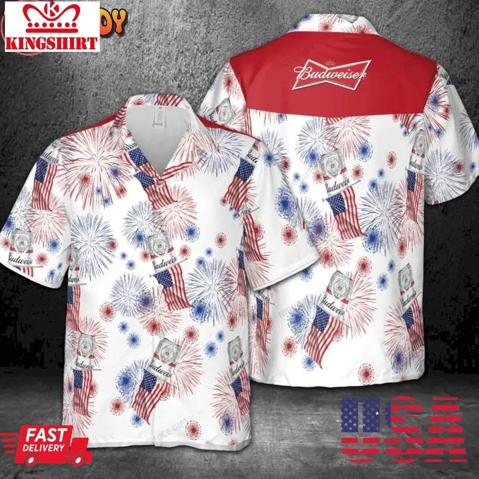Budweiser American Flag Fireworks Hawaiian Shirt Plus Size