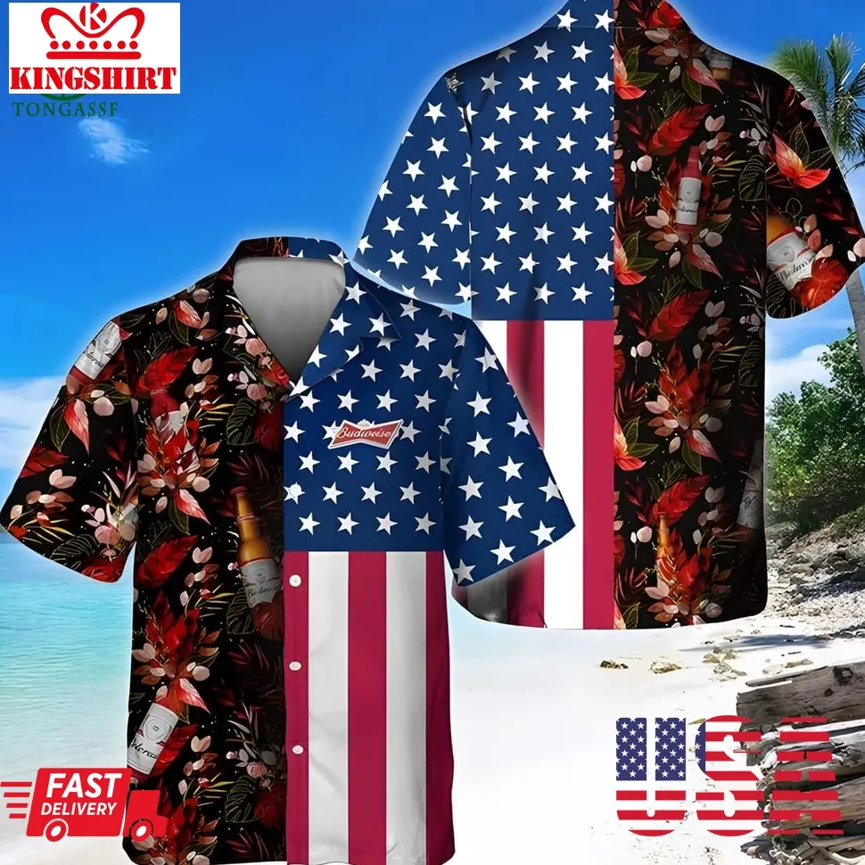 Budweiser Beer Tropical Flower Us Flag Beach Hawaiian Shirt Size up S to 5XL