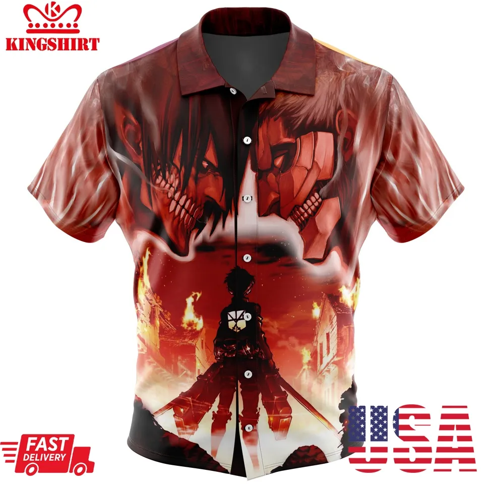 Burning Attack On Titan Button Up Hawaiian Shirt Size up S to 5XL