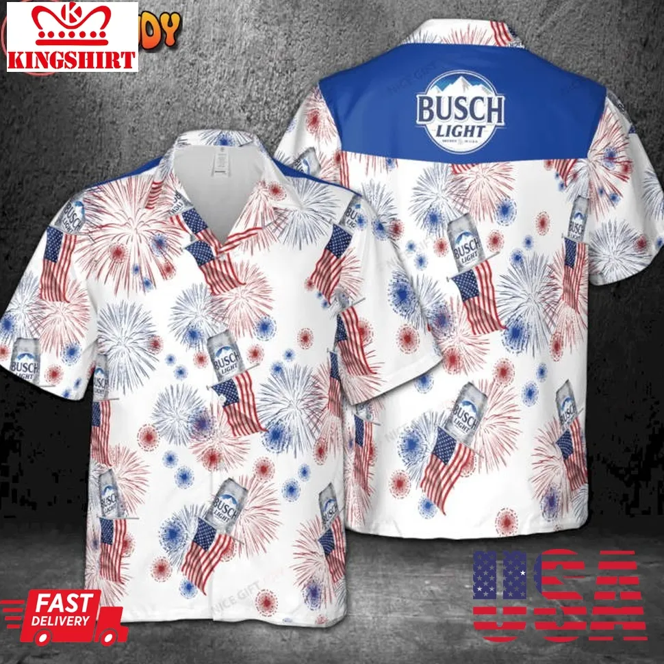 Busch Light American Flag Fireworks Hawaiian Shirt Size up S to 5XL