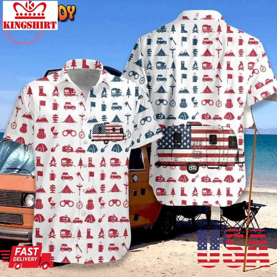 Campervan American Flag Hawaiian Shirt Plus Size