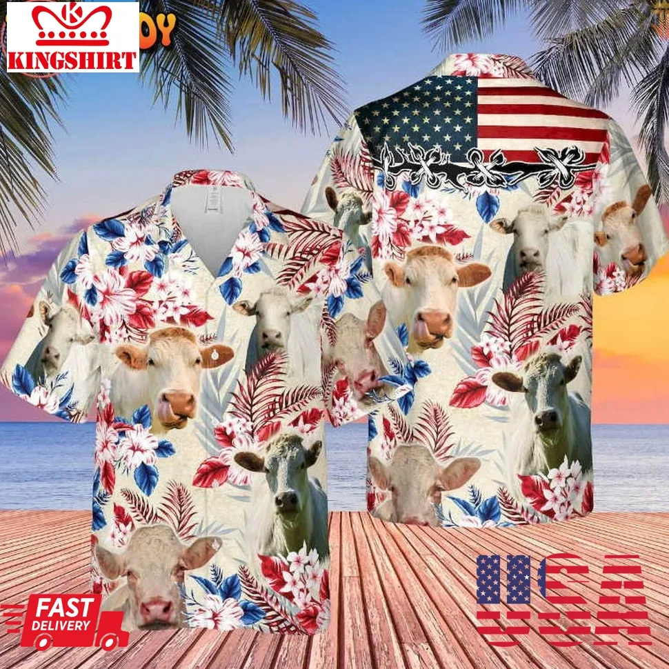 Charolais Cattle American Flag Hawaiian Shirt Plus Size