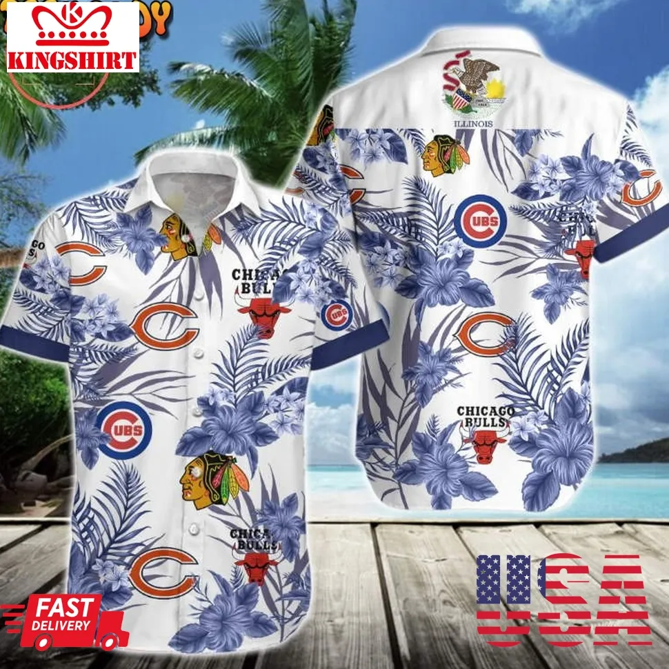 Chicago Cubs Bulls Blackhawks Bears Hawaiian Shirt Size up S to 5XL